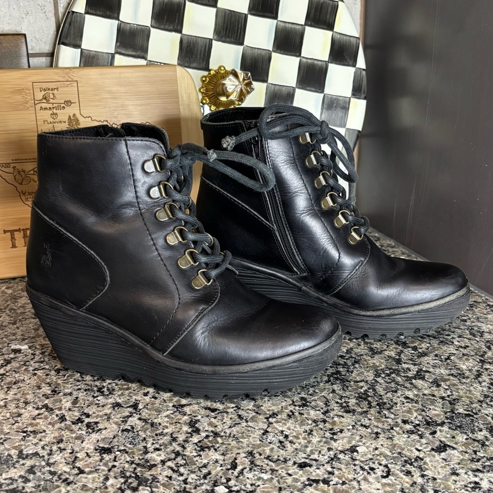 Fly London Black Lace Up Ankle Wedge Boots Size 39